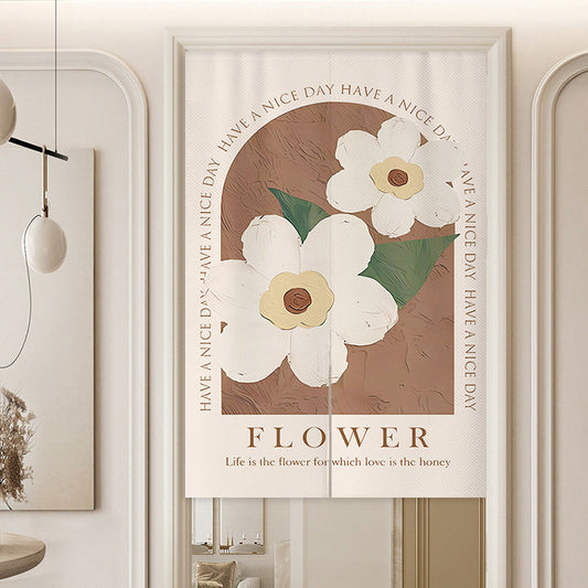 Minimalist Terracotta Brown Archway Block Impasto White Flowers Have a Nice Day Typography Doorway Curtain Noren Room Divider