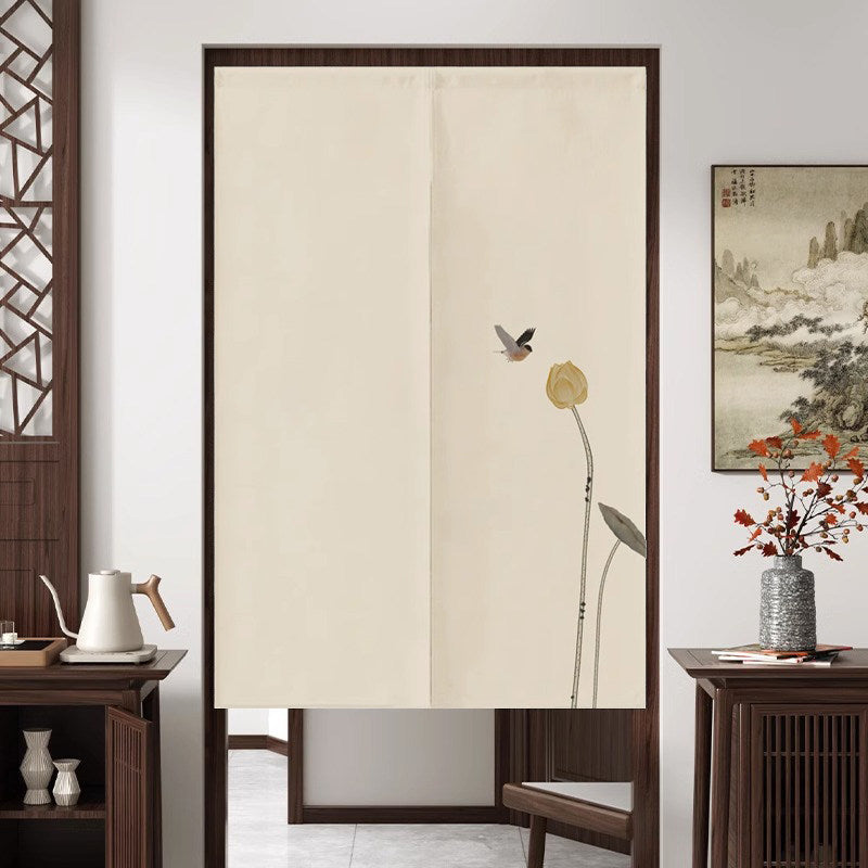 Japanese Traditional Minimalist Golden Lotus Bud & Flying Songbird Doorway Curtain Noren Zen Room Divider