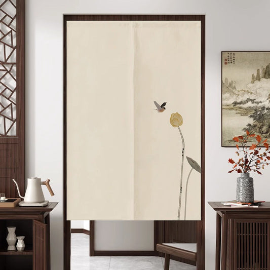 Japanese Traditional Minimalist Golden Lotus Bud & Flying Songbird Doorway Curtain Noren Zen Room Divider