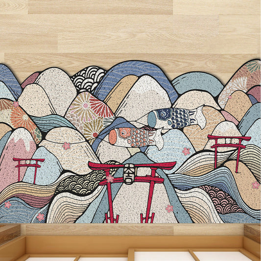 Japanese Style Fish And Mountain  Entrance Door Mat