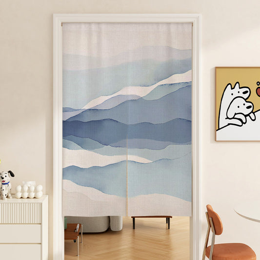 Minimalist Watercolor Layered Blue Mountains & Fog Landscape Doorway Curtain Noren Room Divider