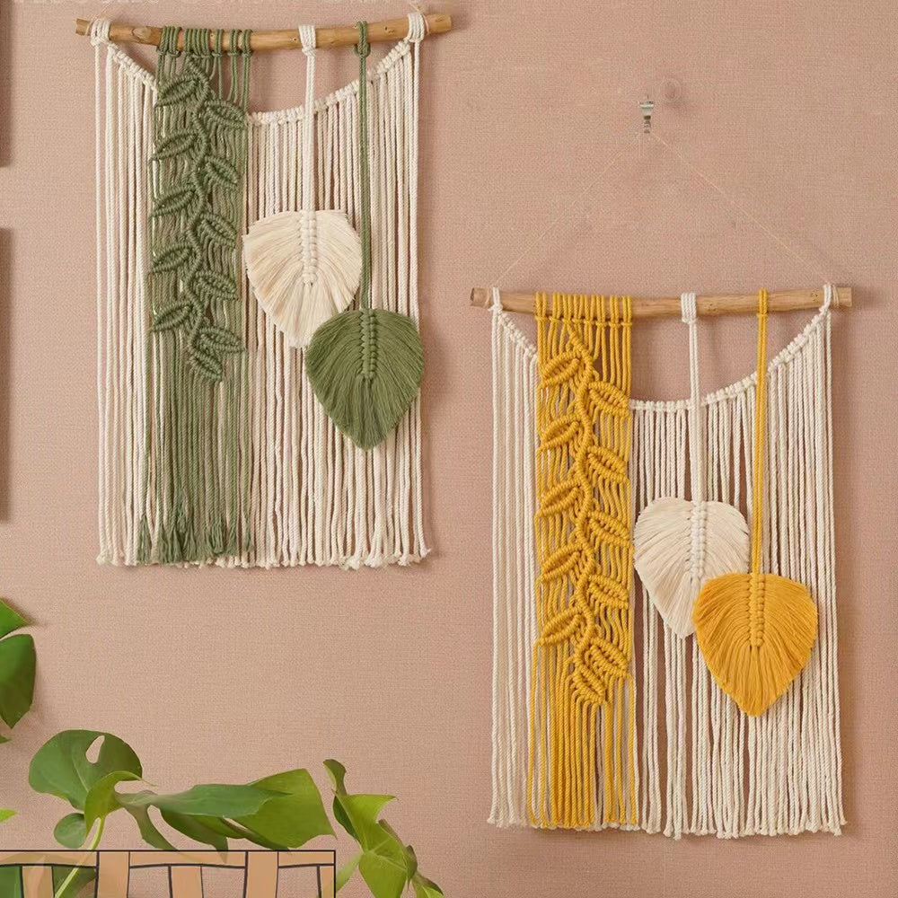 Handmade Macrame Leaf Wall Hanging | Boho Woven Cotton Tapestry with Wood Stick for Bedroom Living Room Nursery Decor