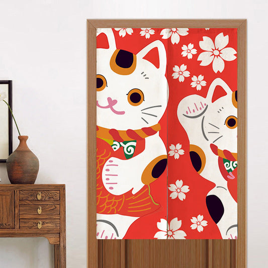 Red Background White Sakura Lucky Cat Door Curtain