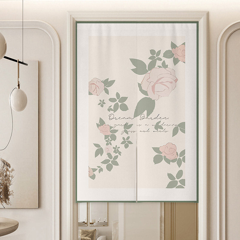 Minimalist Dream Garden Pink Roses & Sage Green Leaves Doorway Curtain Noren Room Divider