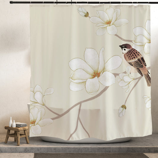 Sparrow & Magnolia Blossom Shower Curtain – Vintage Botanical Floral Waterproof Bathroom Curtain Set