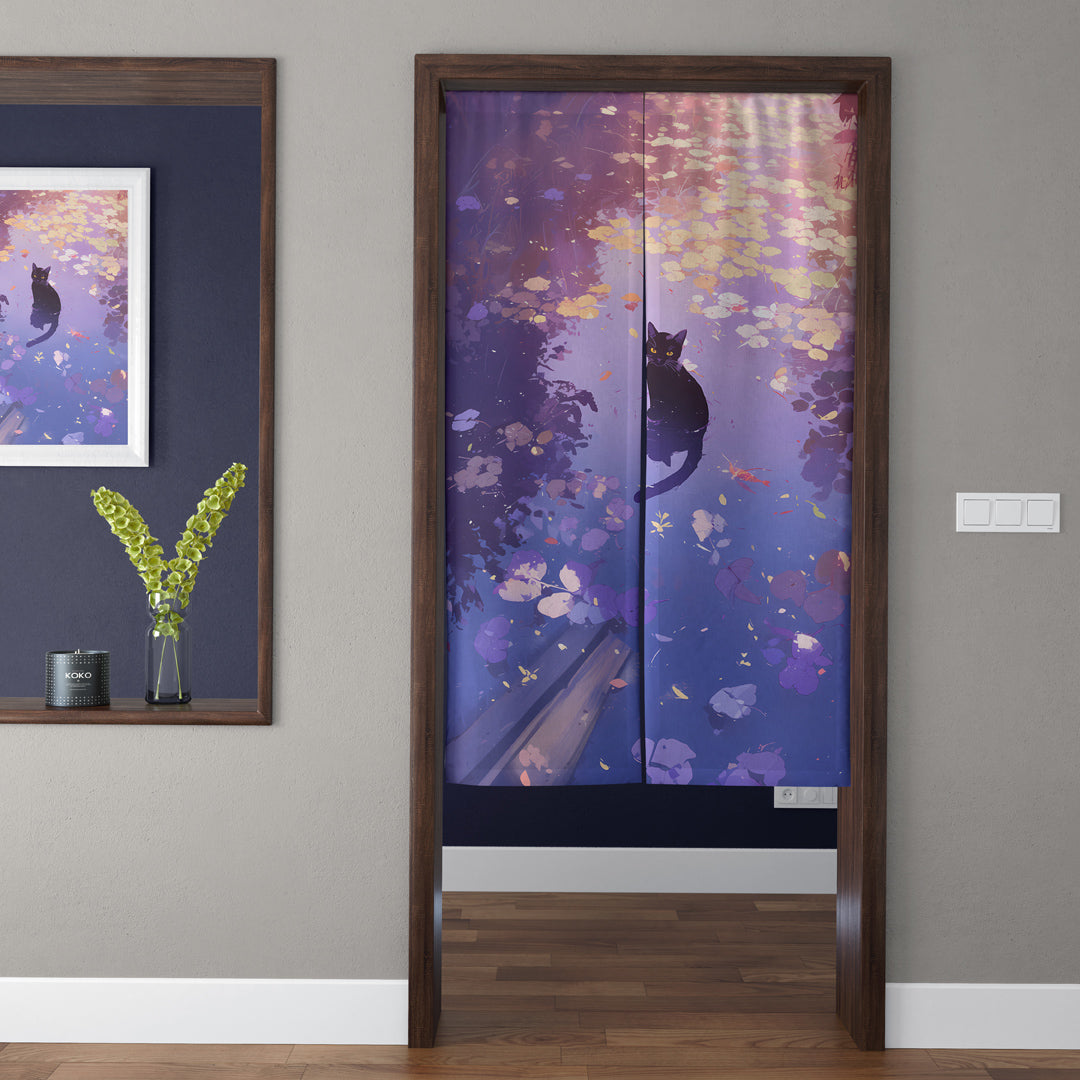 Mystical Black Cat in Purple Water Lily Pond Doorway Curtain Noren Fantasy Room Divider