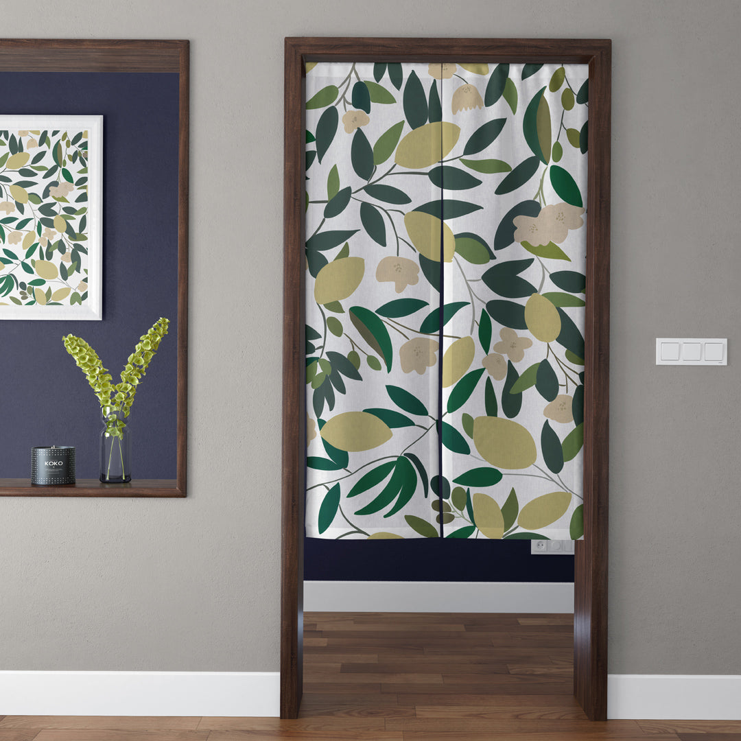 Japandi Olive Green Leaf & Yellow Lemon Botanical Doorway Curtain Noren Kitchen Divider