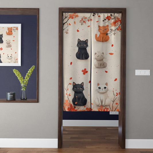 Autumn Maple Leaves & Cute Cats Japanese Watercolor Doorway Curtain Noren Room Divider