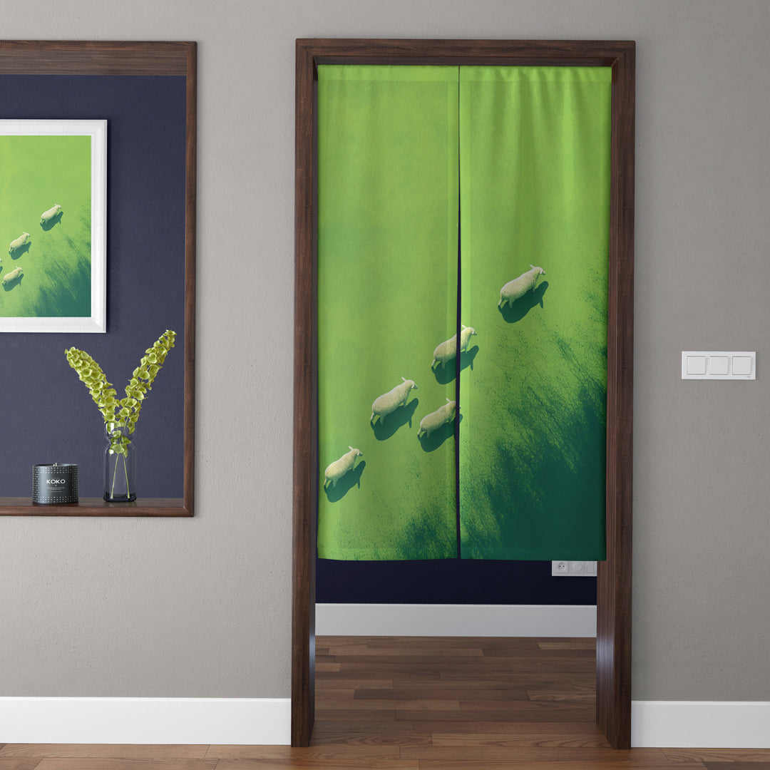 Minimalist Aerial Flock of Sheep on Vibrant Green Meadow Doorway Curtain Noren Pastoral Divider