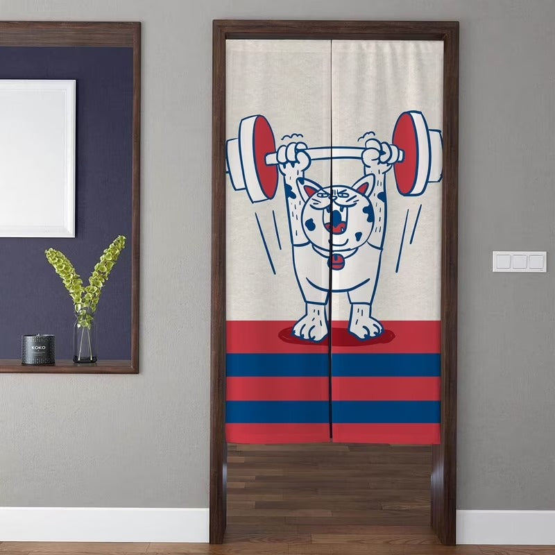 Playful Funny Weightlifting Cat Strongman Red & Blue Stripes Doorway Curtain Noren Room Divider