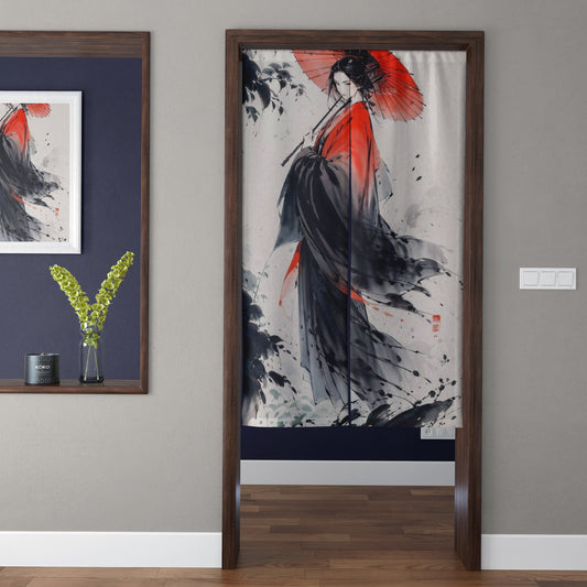 Japanese Traditional Ink Wash Geisha & Crimson Parasol Doorway Curtain Noren Zen Room Divider