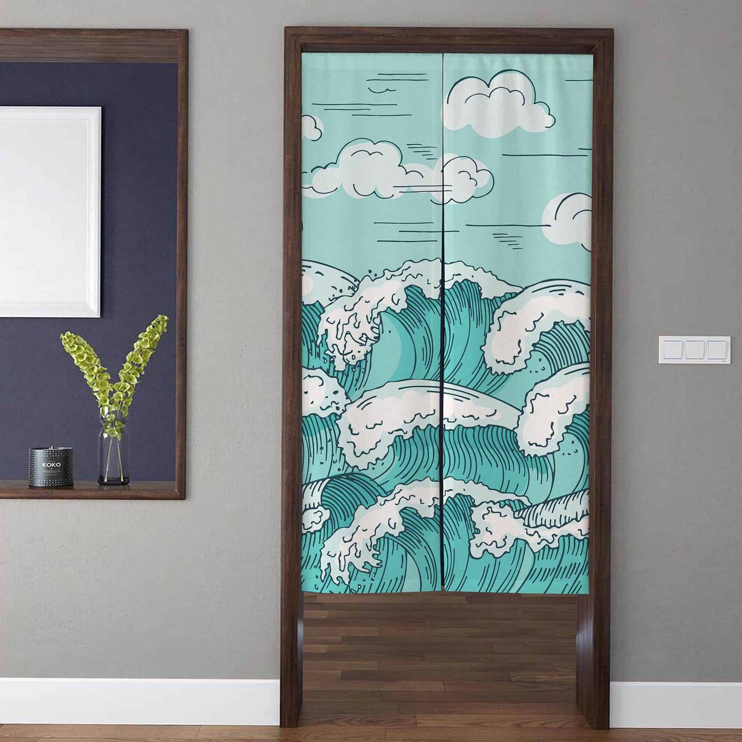 Japanese Hand-Drawn Turquoise Ocean Wave & Clouds Doorway Curtain Noren Coastal Room Divider