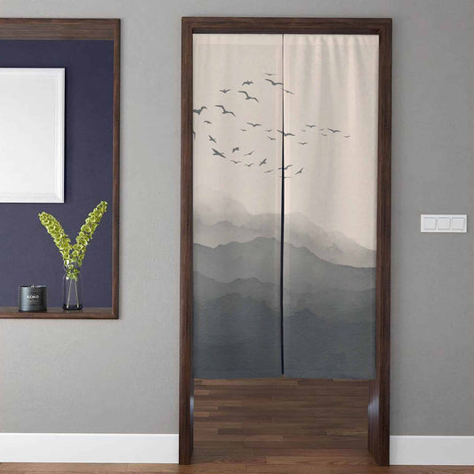 Minimalist Japanese Ink Wash Misty Mountain & Flying Birds Doorway Curtain Noren Zen Room Divider