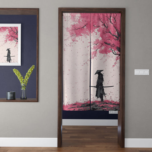 Japanese Traditional Sumi-e Samurai & Pink Sakura Blossom Doorway Curtain Noren Zen Room Divider