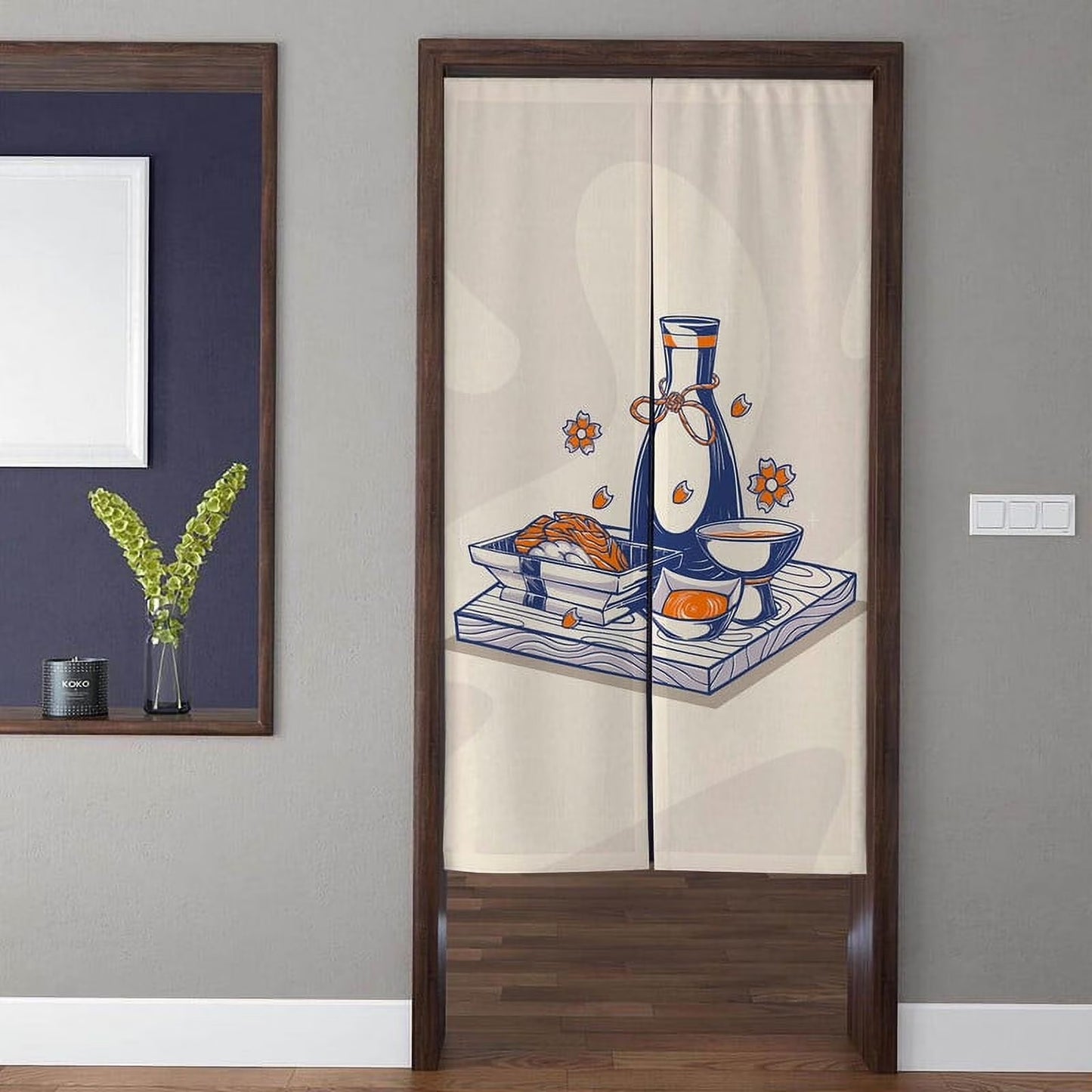 Minimalist Japandi Japanese Izakaya Sake Bottle Sushi & Blossoms Doorway Curtain Noren Room Divider