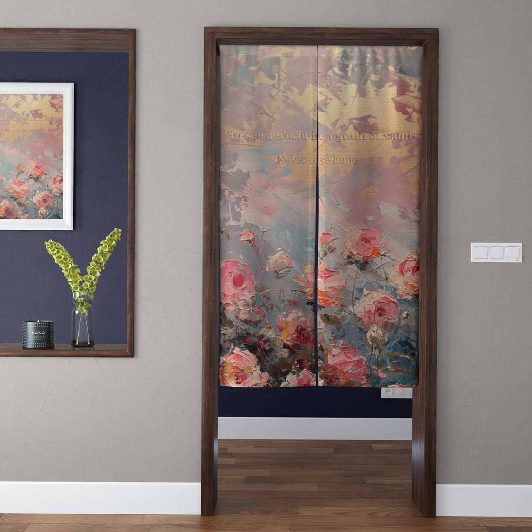 Vintage Impasto Oil Painting Pink Roses & Golden Quote Doorway Curtain Noren Floral Room Divider