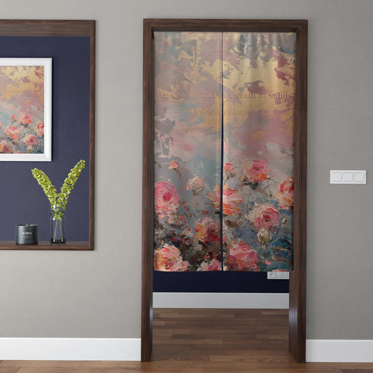 Vintage Impasto Oil Painting Pink Roses & Golden Quote Doorway Curtain Noren Floral Room Divider