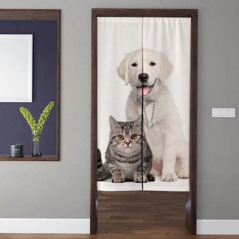 Heartwarming Adorable Tabby Cat & Happy Golden Retriever Puppy Doorway Curtain Noren Room Divider