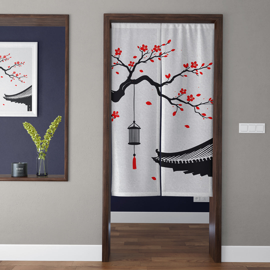 Japanese Traditional Asian Eaves Roof & Red Plum Blossom Doorway Curtain Noren Zen Room Divider