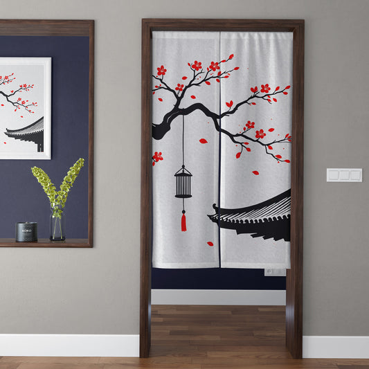 Japanese Traditional Asian Eaves Roof & Red Plum Blossom Doorway Curtain Noren Zen Room Divider