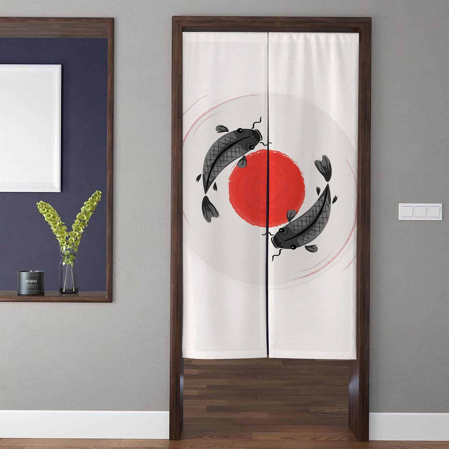 Japanese Minimalist Zen Ink Wash Koi Fish & Red Sun Doorway Curtain Noren Room Divider