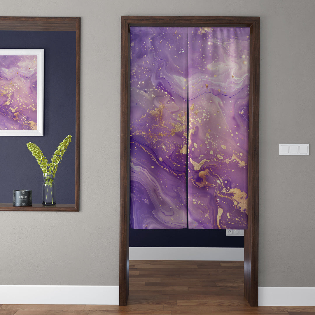 Purple Fluid Alcohol Ink & Gold Foil Marble Doorway Curtain Noren Abstract Luxury Room Divider