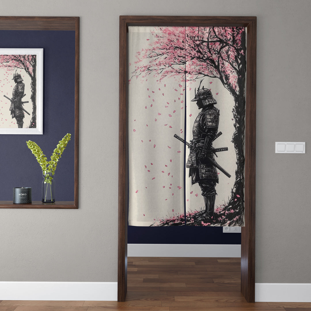 Japanese Traditional Sumi-e Armored Samurai & Pink Sakura Blossom Doorway Curtain Noren Zen Room Divider