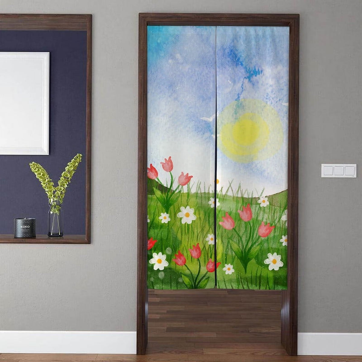 Minimalist Watercolor Spring Meadow Pink Tulips & Sunny Sky Doorway Curtain Noren Room Divider