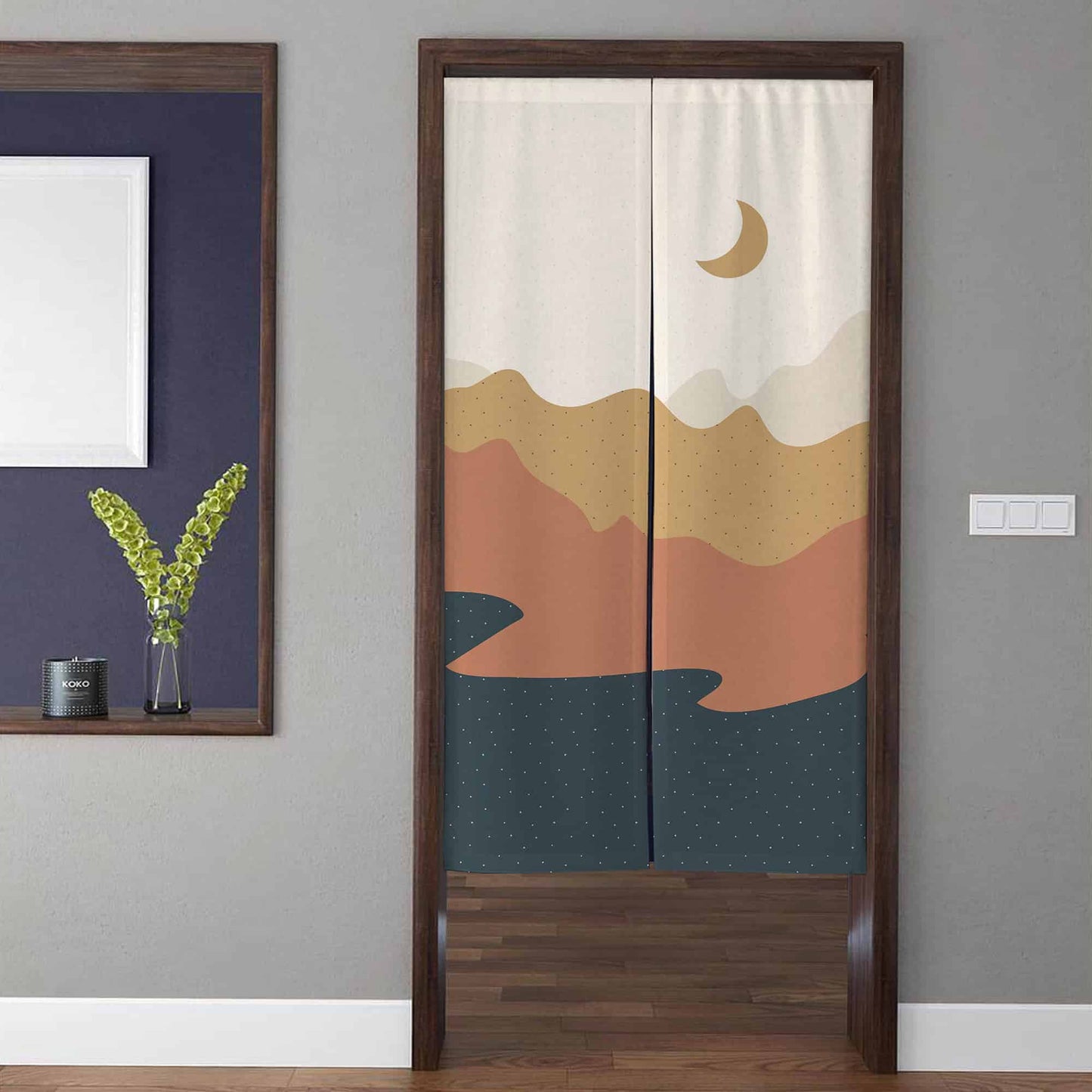 Minimalist Abstract Crescent Moon & Mountain Doorway Curtain Noren Boho Room Divider