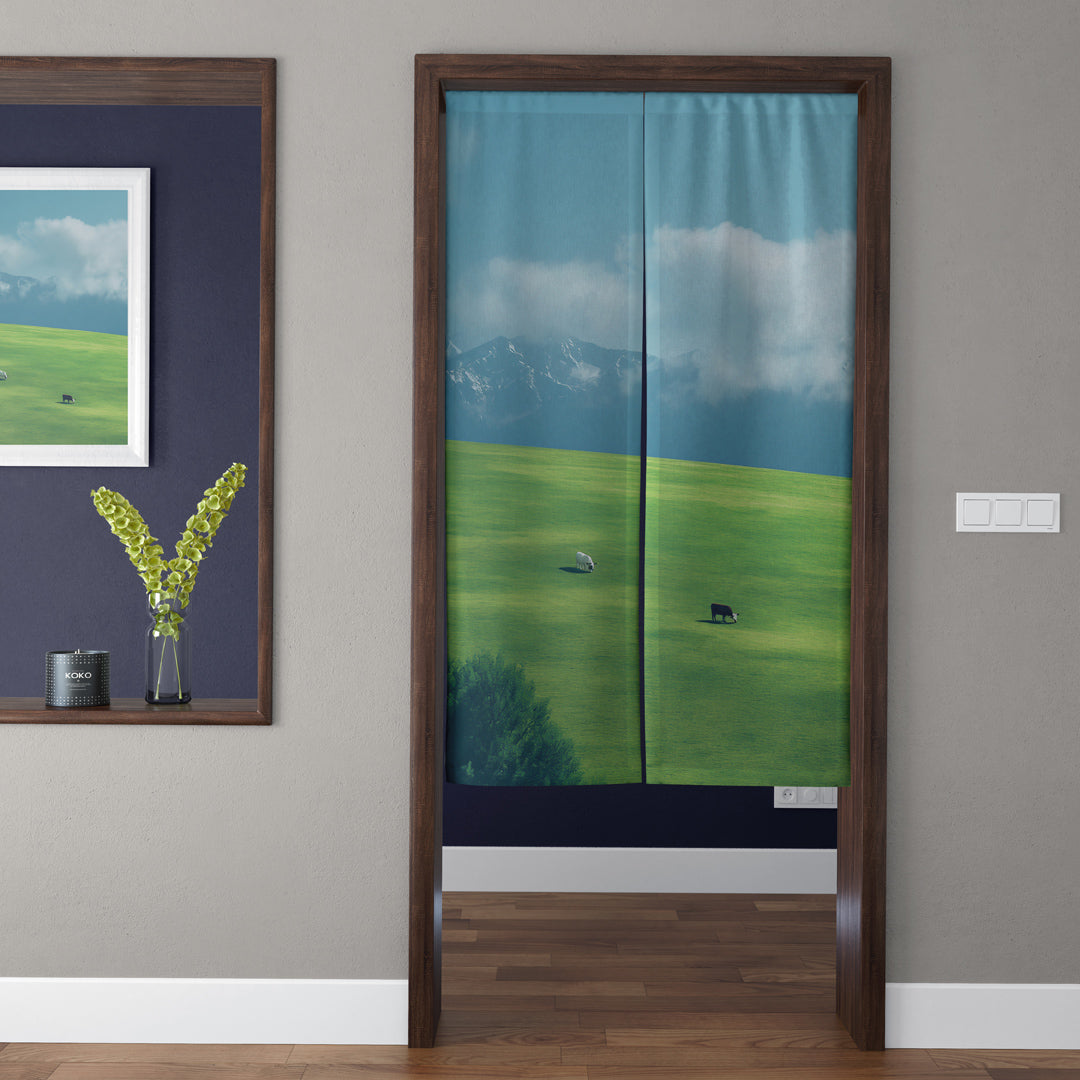 Minimalist Alpine Green Meadow & Grazing Cows Doorway Curtain Noren Snow Mountain Divider