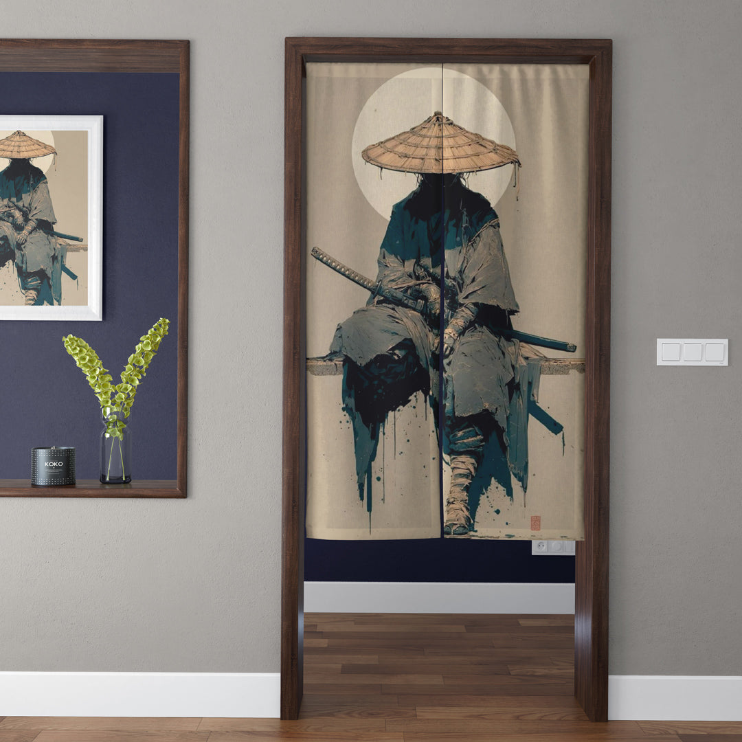 Japanese Traditional Sumi-e Seated Samurai & Full Moon Doorway Curtain Noren Zen Room Divider