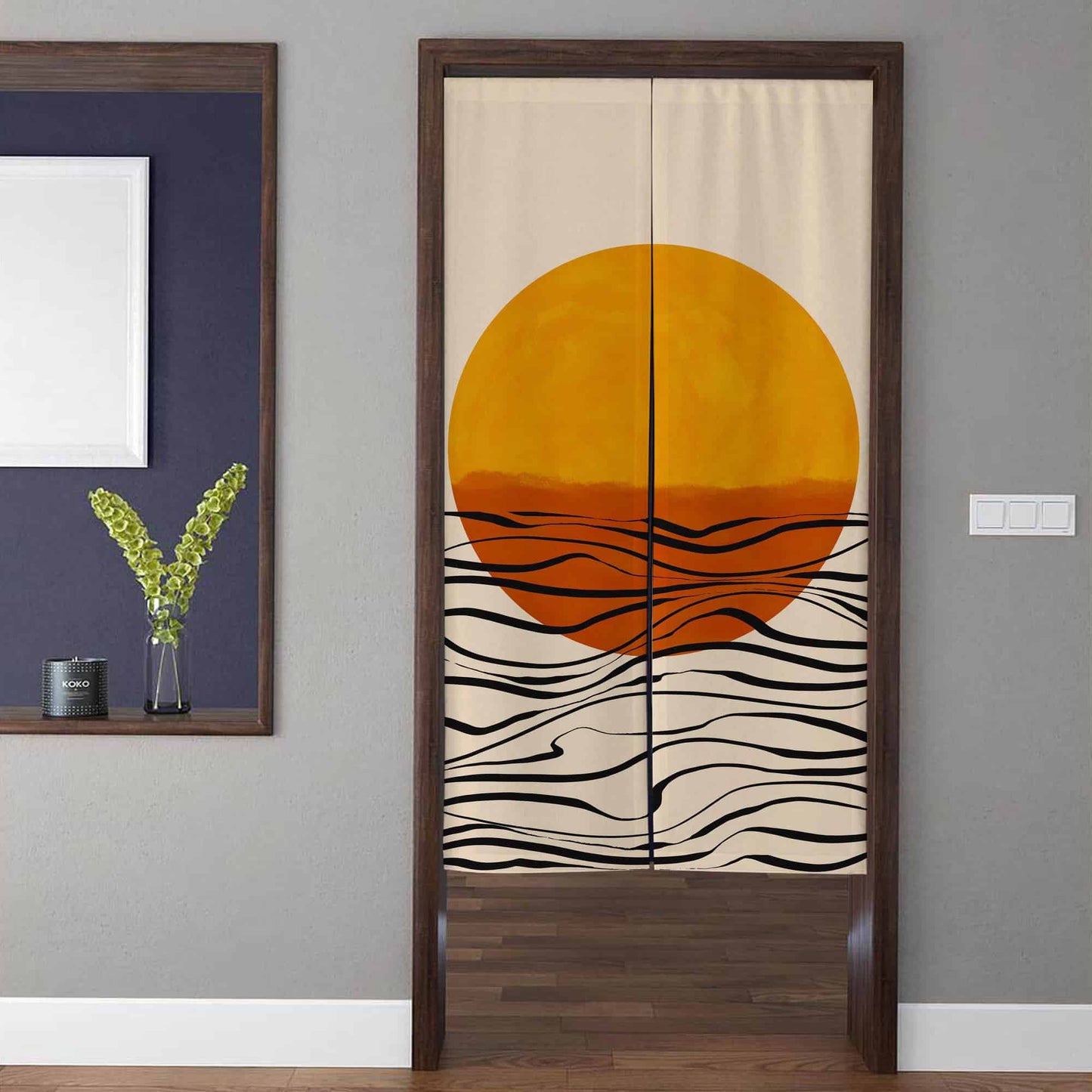 Minimalist Abstract Golden Sun & Wavy Ocean Lines Doorway Curtain Noren Japandi Room Divider