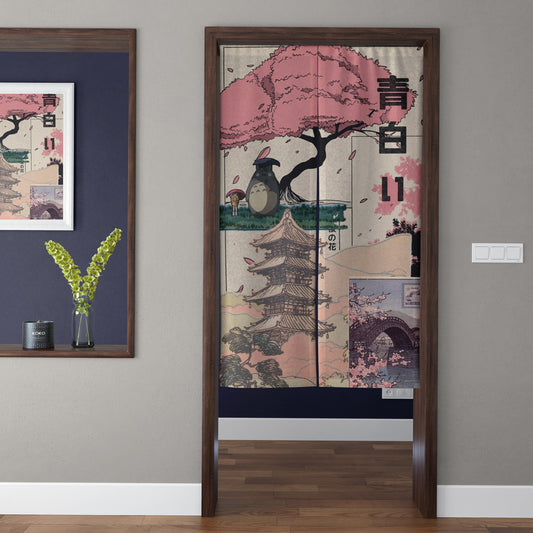 Japanese Vintage Anime Totoro & Sakura Blossom Collage Doorway Curtain Noren Room Divider