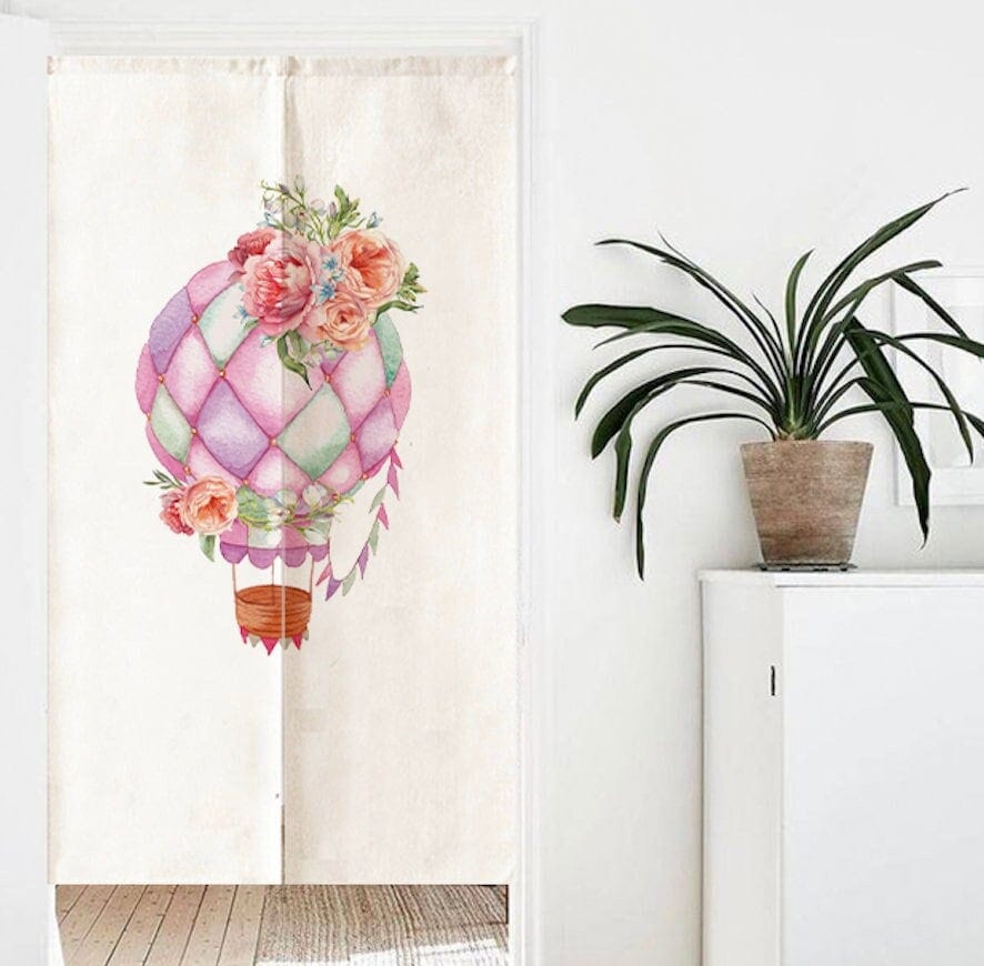 Watercolour Hand Drawn Floral Hot Air Balloon Print Doorway Curtain Noren image 1
