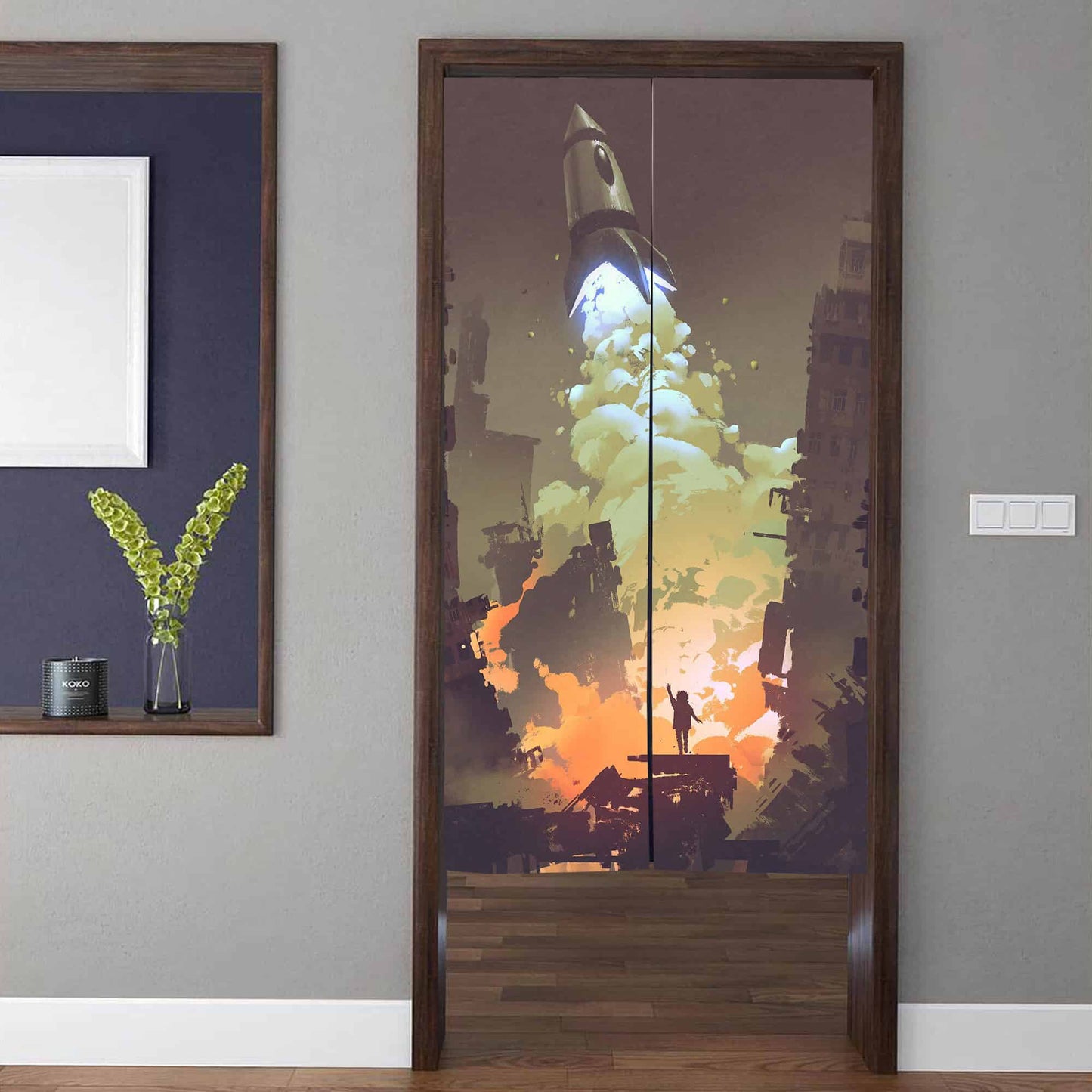 Sci-Fi Rocket Launch & City Ruins Doorway Curtain Noren Space Concept Art Room Divider