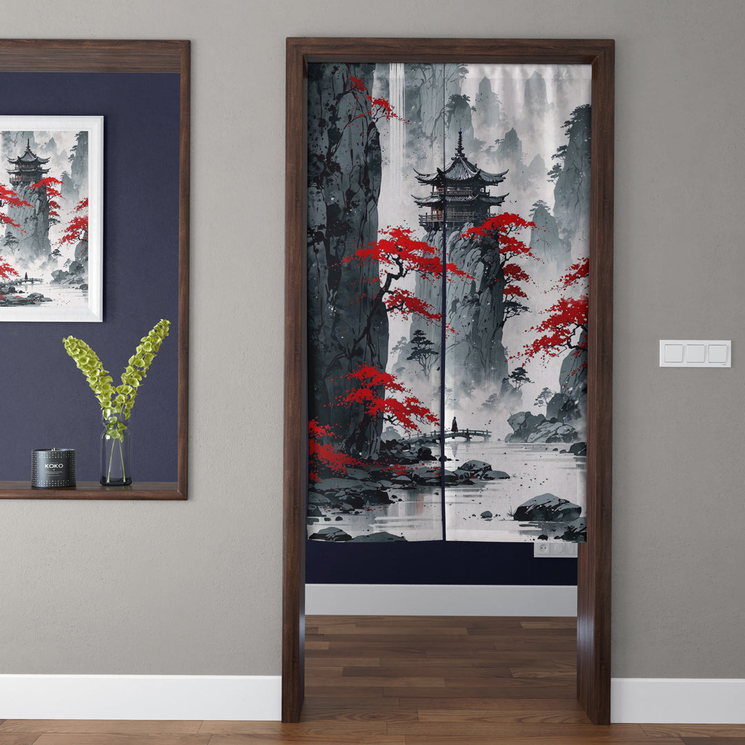 Japanese Traditional Ink Wash Cliffside Pagoda & Crimson Trees Doorway Curtain Noren Zen Room Divider