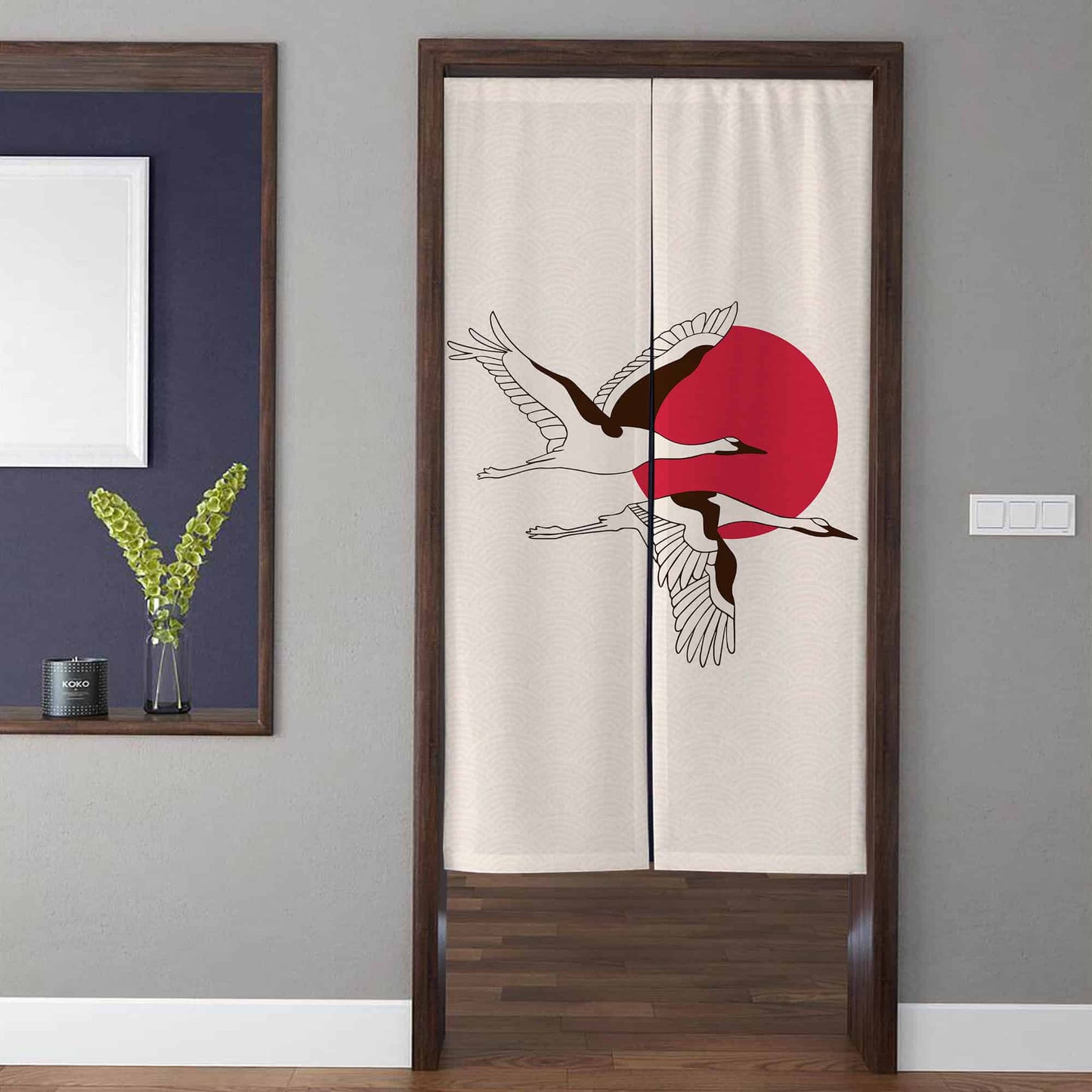 Japanese Minimalist Twin Flying Cranes & Red Sun Doorway Curtain Noren Zen Room Divider