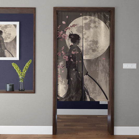 Japanese Traditional Vintage Moonlit Female Samurai & Sakura Doorway Curtain Noren Zen Room Divider
