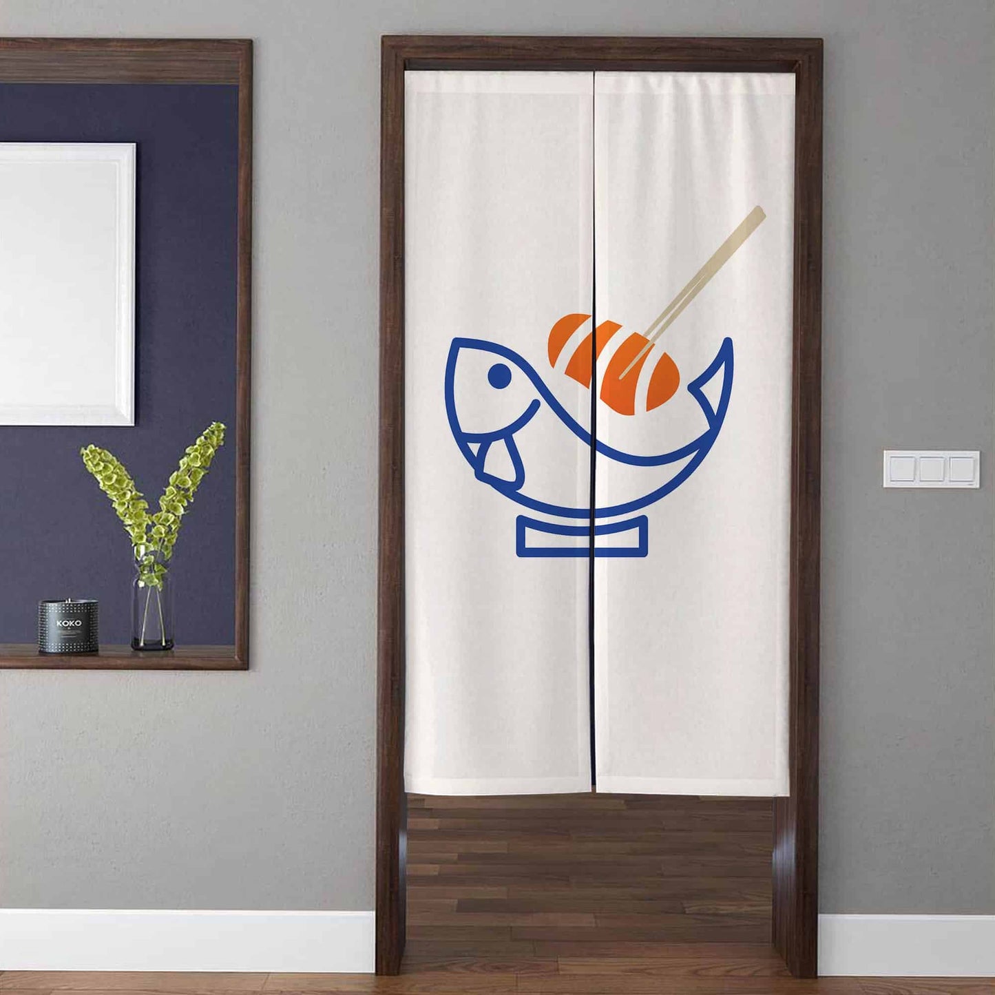 Minimalist Japanese Salmon Nigiri Sushi & Fish Bowl Doorway Curtain Noren Kitchen Room Divider