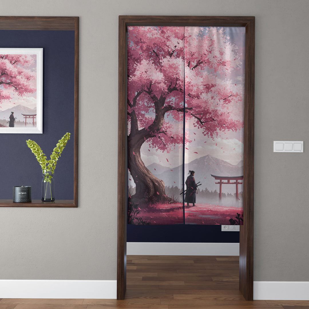 Japanese Traditional Pink Sakura Tree, Samurai & Torii Gate Doorway Curtain Noren Zen Room Divider