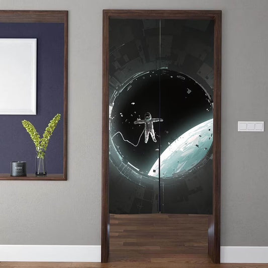 Cinematic Hard Sci-Fi Space Station Hatch View Floating Astronaut Doorway Curtain Noren Room Divider