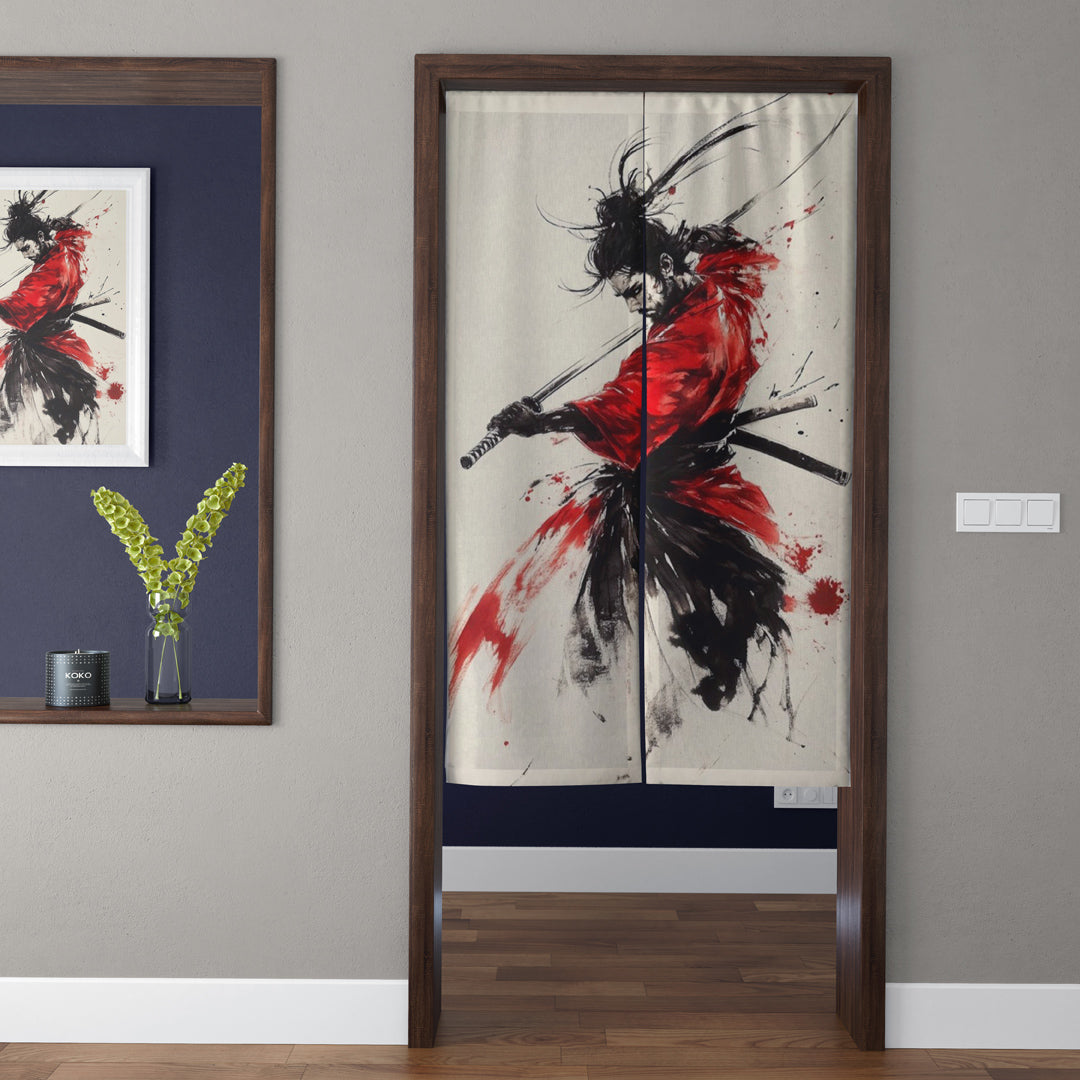 Japanese Traditional Sumi-e Crimson Red Samurai Doorway Curtain Noren Zen Room Divider