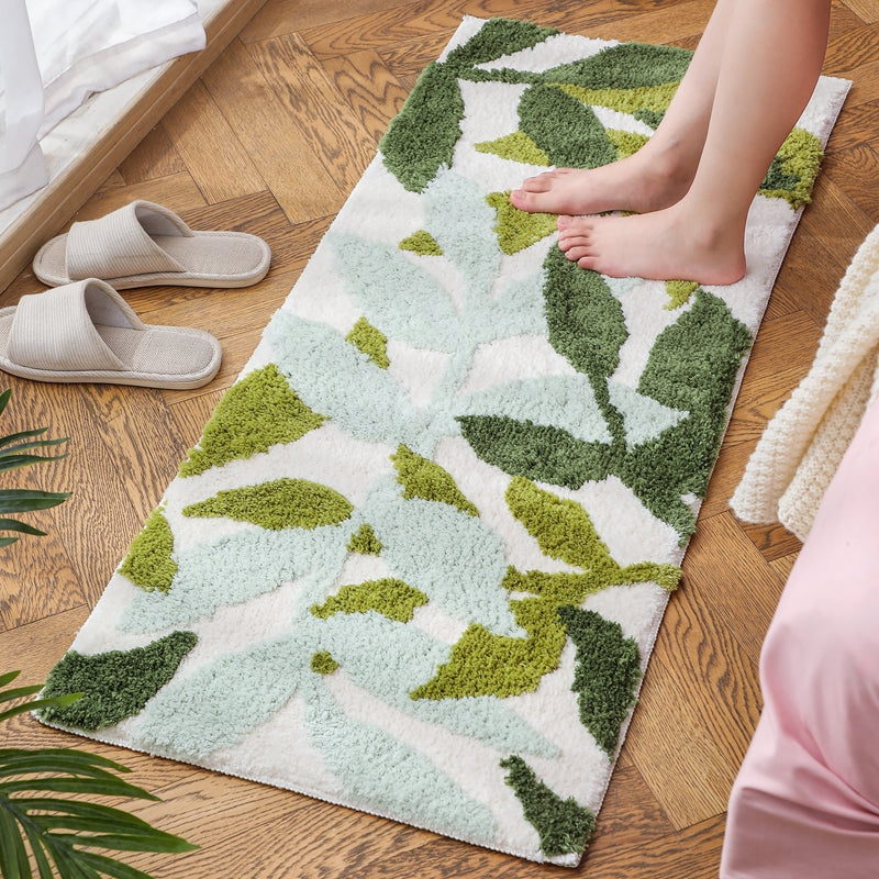 Green Leaves Bath Mat, Extra Soft Water Absorbent Bathroom Rug, Non-Slip Botanical Floor Mat