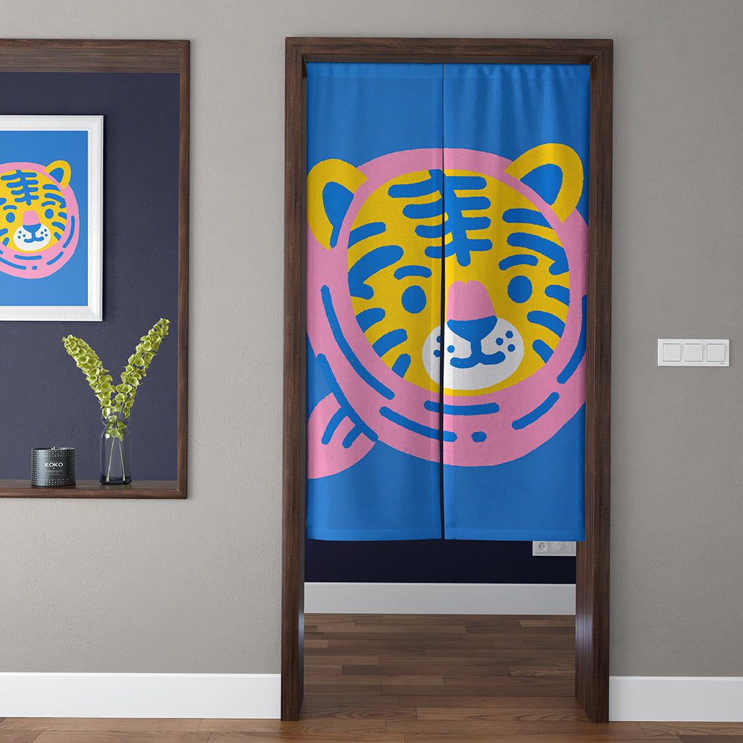 Cute Pop Art Tiger Wearing Pink Hood Doorway Curtain Noren Blue Nursery Room Divider