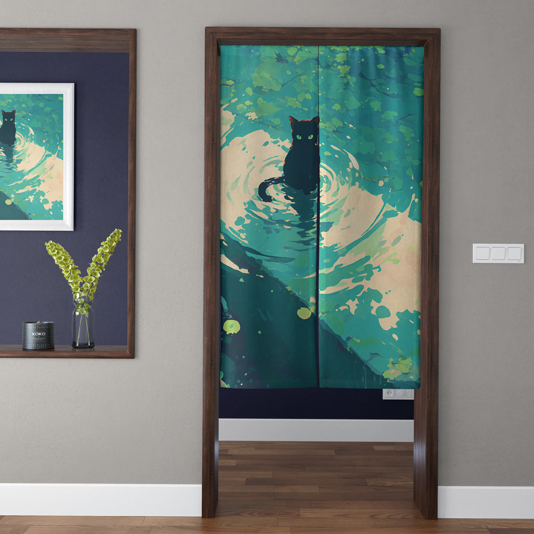 Mystical Black Cat in Emerald Water Ripples Doorway Curtain Noren Fantasy Room Divider