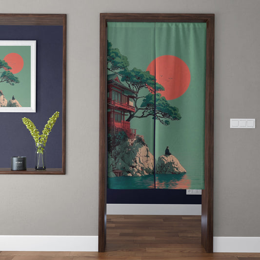 Japanese Traditional Cliff Temple & Red Sun Doorway Curtain Noren Zen Room Divider