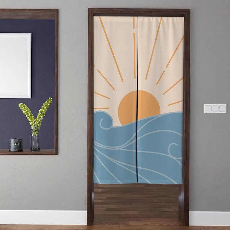 Minimalist Mid-Century Boho Sun Rising Over Blue Ocean Waves Doorway Curtain Noren Room Divider