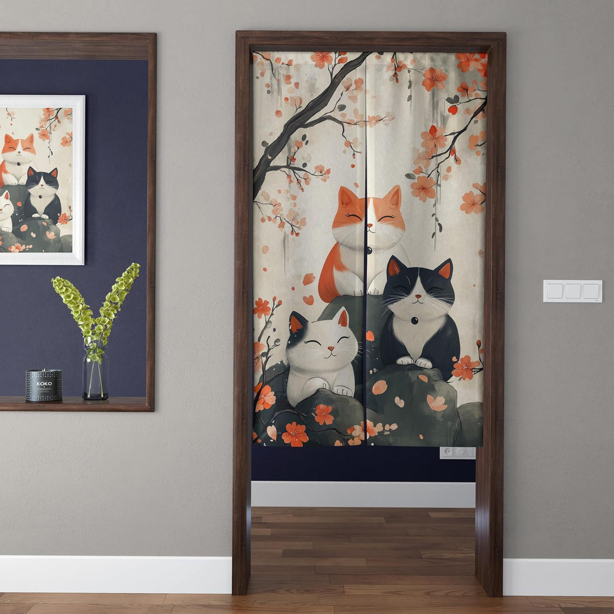 Japanese Watercolor Autumn Maple Trees & Cute Cats Doorway Curtain Noren Room Divider