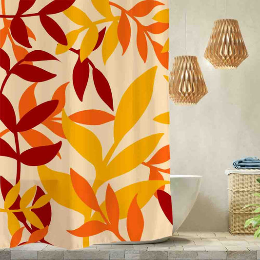 Red & Yellow Leaves Floral Shower Curtain | Waterproof HD Printed Fabric Bath Curtain with Hooks
