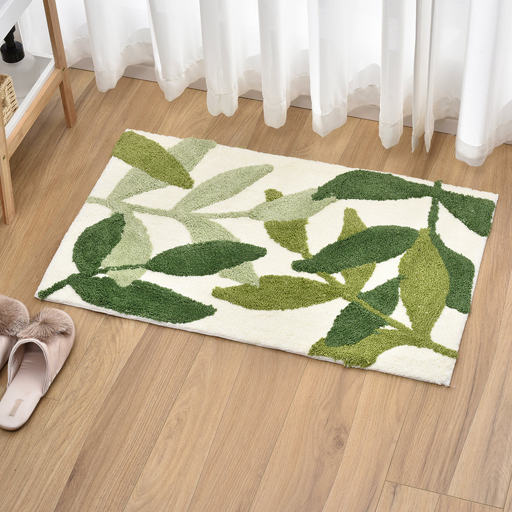 Green Leaves Bath Mat - Ultra-Soft Absorbent Fluffy Bathroom Rug | Non-Slip Washable Botanical Bath Rug